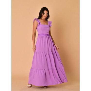 Imagem de Vestido longo luxo duna lisa com babada na manga renda na cintura 1943