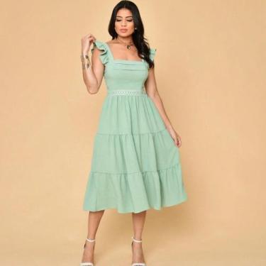 Imagem de Vestido midi luxo duna lisa com babada na manga e renda na cintura 001