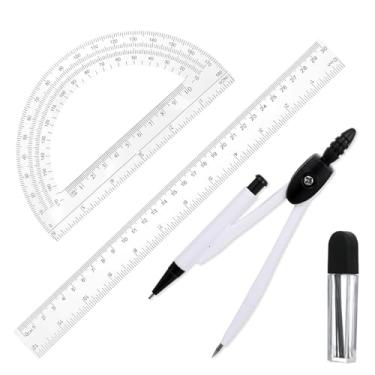 Imagem de Transferidor estudantil e conjunto de bússola, conjunto de matemática geométrica de 3 peças, régua transparente de plástico de 30 cm, bússola para geometria e transferidor de 180 graus de 15 cm para