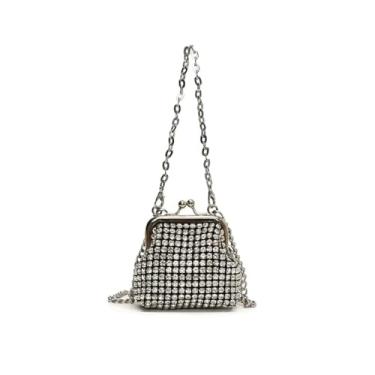 Imagem de Leadigol Bolsa de mão de strass casual mini corrente bolsa de ombro temperamento cor sólida bolsa para banquete à noite, Prata
