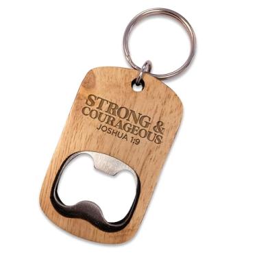 Imagem de Chaveiro abridor de garrafas com versículo bíblico - Strong and Courageous, Joshua 1:9 - Mini chaveiro EDC de madeira de carvalho e aço inoxidável para bebidas engarrafadas e enlatadas - Ferramentas