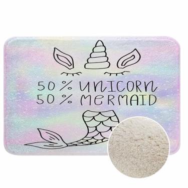 Imagem de Lungtao Tapetes de banho 50% sereia, 50% unicórnio, tapete de banho de flanela durável para decoração de lavanderia e cozinha, tapete lavável 50 x 81 cm