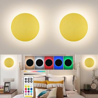 Imagem de Arandelas de parede operadas por bateria, luz de parede dourada recarregável estilo eclipse solar com controle remoto sem fio, regulável, 9 modos de cores, arandela de bateria sem fio, lâmpada de