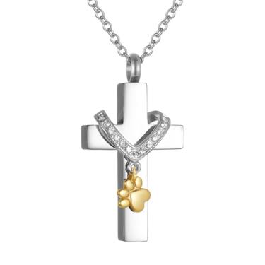 Imagem de STEFWD Joias de cremação para animais de estimação, colar de urna com cruz de pata para cinzas, pingente de lembrança memorial de aço inoxidável, mulheres, homens, perda de cão/gato, Aço inoxidável,