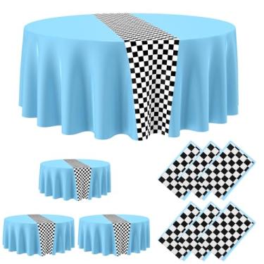 Imagem de Oudain 6 peças de artigos de festa de aniversário de carros, decorações de festa de corrida, toalha de mesa redonda com bandeira quadriculada, toalha de mesa de plástico para estrada, toalha de mesa