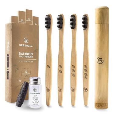 Imagem de Greenzla Escovas de dentes de bambu, conjunto de escovas de madeira com cerdas macias, inclui estojo de viagem e fio dental de carvão, pacote com 4
