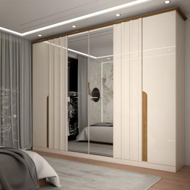 Imagem de Guarda Roupa de Casal com Espelho 6 Portas 6 Gavetas Monumental Off White/Natural - Panorama Móveis