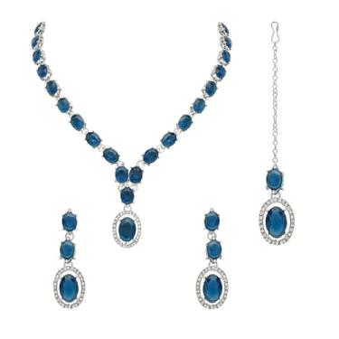 Imagem de I Jewels Colar de diamante elegante banhado a prata com brincos e conjunto de joias Maang Tikka para mulheres, Free Size, Liga de zinco com revestimento de ouro, Sem Pedra Preciosa