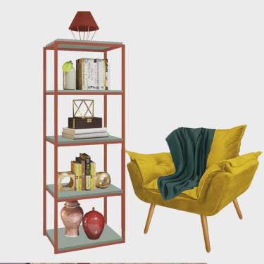 Imagem de Kit Poltrona Fatte com Manta Soft Verde e Estante Livreiro Ferro Bronze mdf Verde Oliva Suede Amarelo - Ahazzo Móveis
