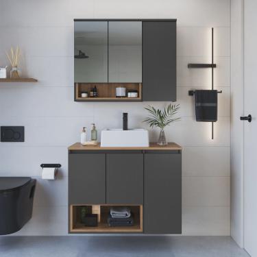 Imagem de Conjunto para Banheiro Gabinete Suspenso 80cm com Cuba e Espelheira 3 Portas e Nicho Cecília