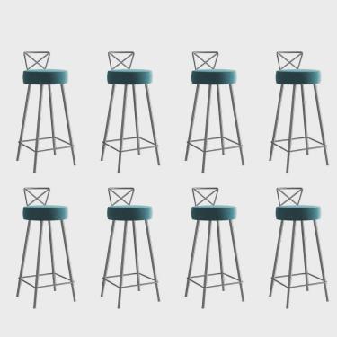 Imagem de Kit 08 Banqueta Alta Com Encosto Tânia Eiffel Cozinha Bar Bistrô Ferro Prata Suede Azul Turquesa - Ahz Móveis