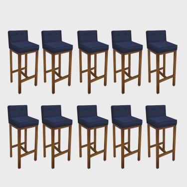 Imagem de Kit 10 Banqueta Alta Com Encosto Alba Cozinha Balcão Bistrô Base Madeira Carvalho Suede Azul Marinho - Ahz Móveis