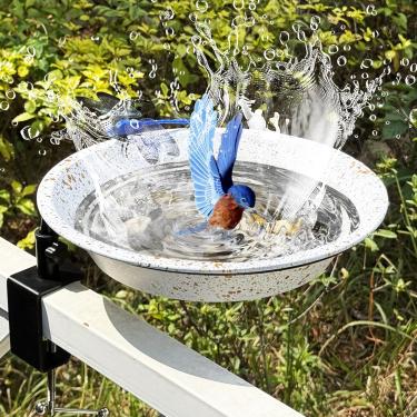 Imagem de FKKsparkler Banheira para pássaros montada no convés, tigela de diâmetro de 29 cm com braçadeira de metal resistente ajustável, grade de varanda para pássaros para decoração de jardim, branco