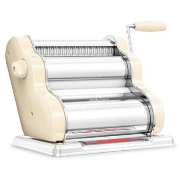 Imagem de PASTALINDA Máquina clássica de 200 massas, rolos de 20 cm de largura, 9 posições de espessura, 2 posições de corte, aço inoxidável. Inclui manivela de mão reforçada e dois grampos