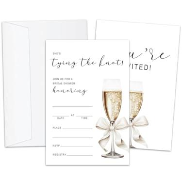 Imagem de Convite para chá de panela She's Tying The Knot, cartões de convite de chá de noivado, convite de laço branco para chá de panela, 25 convites de preenchimento de dupla face com envelopes suprimentos