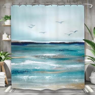 Imagem de Yookeb Cortina de chuveiro abstrata para banheiro de praia litorânea 152 cm por 188 cm de altura, arte de pintura de gaivota, tecido de poliéster, 12 ganchos de plástico, à prova d'água, decoração