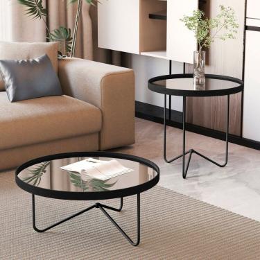 Imagem de Mesa de Centro com Borda em Couro Sintético com Espelho e Pés em Ferro Preto