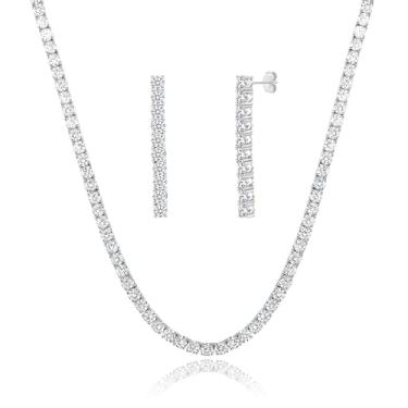 Imagem de MDFUN Conjunto de joias de tênis, conjunto de brincos e colar de tênis, banhado a ouro branco 18K, corrente de tênis de diamante sintético com corte de zircônia cúbica redonda de 3/4/5 mm para