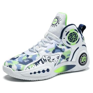 Imagem de Bolognifi Tênis de basquete masculino de cano alto com design camuflado antiderrapante e respirável, botas esportivas de basquete Equipamento de basquetebol(Blue,34 BR)