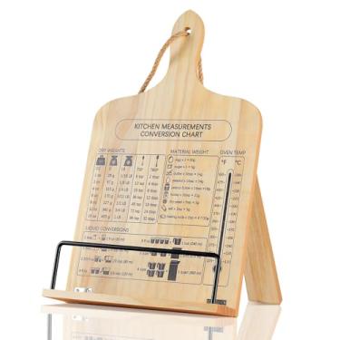 Imagem de comfoyar Suporte de livro de receitas para cozinha, suporte de livro de receitas de madeira com tabela de conversão de medidas, suporte dobrável ajustável para leitura de exibição, pendurável