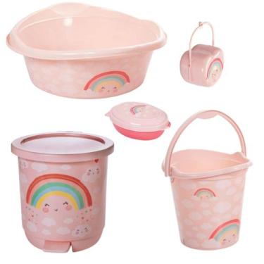 Imagem de Kit banho do bebê 5 peças bacia decorada ludica plasutil + balde + lix