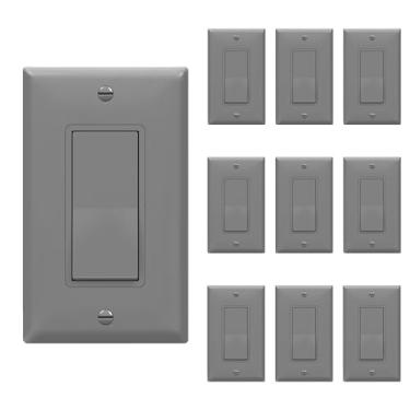 Imagem de ENERLITES Interruptor decorador de pá com placas de parede, haste única, fio de cobre, parafuso de aterramento, grau residencial, 15A 120-277V, lista UL, 91150-GYWP-10PCS, cinza pacote com 10 unidades
