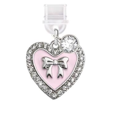 Imagem de ELISE & FONDA Porta de carregamento tipo C TP631 plugue antipoeira Little Love Heart com laço para celular iPhone 15/16/Samsung/OnePlus/Xiaomi/oppo telefones Android (rosa)