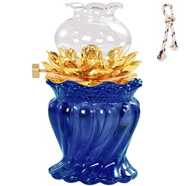 Imagem de rnuie Lamparina A Óleo Para Uso Interno, Querosene De Vidro Vintage Com Pavio, Luz Frontal Buda Em Forma Flor Lótus, Suprimentos Altar, Decoração Iluminação Emergência (Azul)