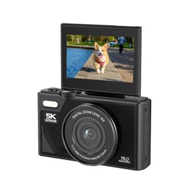 Imagem de Câmera digital 5K, câmera vlogging de 75 MP, com zoom de 18x, tela flip de 7 cm, câmera compacta HD, para fotografia de viagem (preto)