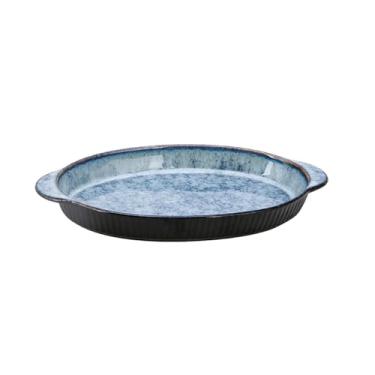 Imagem de Prato fundo de peixe cozido a vapor de orelha dupla de cerâmica oval retrô japonesa - prato de peixe de orelha dupla de 35,56 cm (cinza mármore)