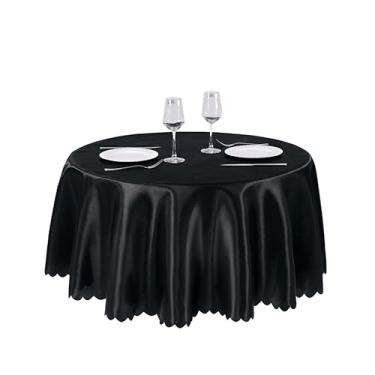 Imagem de Counfeisly 1 pacote com toalha de mesa redonda preta de 272 cm, toalha de mesa de cetim sedoso, sobreposição de tecido liso, decoração de mesa para festas de casamento e eventos de banquete