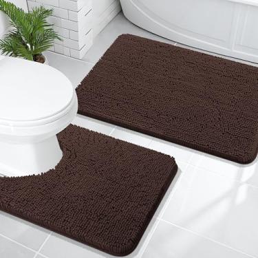 Imagem de OLANLY Conjunto de tapetes de banheiro de 2 peças, tapetes de banho de chenille macio absorvente e contorno em forma de U, tapete de banheiro lavável na máquina, acessórios de decoração de casa (76 x