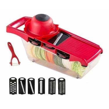 Imagem de Cortador Fatiador e Ralador de Legumes 6 em 1. Agilize Suas Receitas com o Mandolin de Aço Inox RePerfeito! Para um cortador fatiador mandolin 6 em 1 de aço inoxidável.