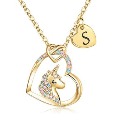 Imagem de Unicorn Necklace Gifts for Girls Daughter - Colorful Heart Pendant Initial Unicorn Necklaces for Girl Teens Little Girls Jewelry Birthday Gift-S