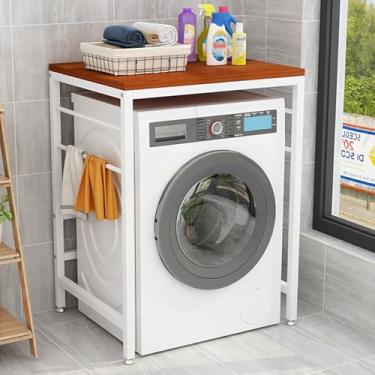 Imagem de Prateleira De Lavanderia Sobre Lavadora E Secadora, Rack De Empilhamento Para Lavadora E Secadora, Sobre Prateleira De Armazenamento De Secadora, Para Lavanderia, Toalete, White frame + teak