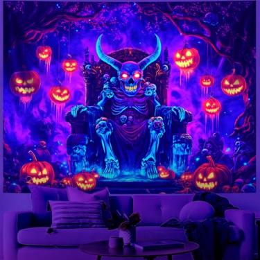 Imagem de BVBOX Tapeçaria Hell Blacklight Halloween Horror Lua Noite Cemitério Assustador Abóbora Lanterna Halloween Tapeçaria Pendurada na Parede Crânio Horror Cartaz Banners para Quarto Sala de Estar 199L x