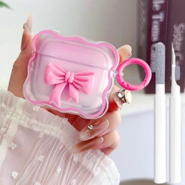 Imagem de Linda capa transparente para AirPods 4 rosa rosa, design feminino de arco 3D, TPU macio, à prova de choque, Kawaii, Apple iPod 4ª geração, com kit de limpeza e chaveiro para meninas