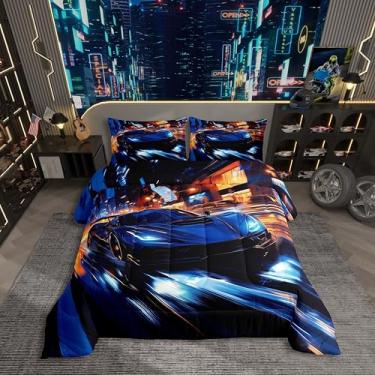 Imagem de Erosebridal Conjunto de cama de carro de corrida para meninos, azul marinho, conjunto de edredom de carro de corrida, tamanho solteiro para crianças, meninos, jogo de esportes radicais, para decoração