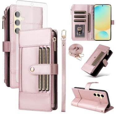 Imagem de Asuwish Capa de celular para Samsung Galaxy S24 FE 5G capa carteira celular com protetor de tela de vidro temperado bloqueio RFID alça transversal alça flip cartão S 24 EF AI S24FE 24S mulheres homens