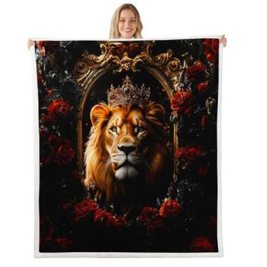Imagem de Castle Fairy Manta de cama infantil com leão selvagem, coroa dourada retrô, cobertor de animal para quarto de meninos, rosa vermelha, flores românticas, cobertor leve de sherpa para sofá, tamanho B