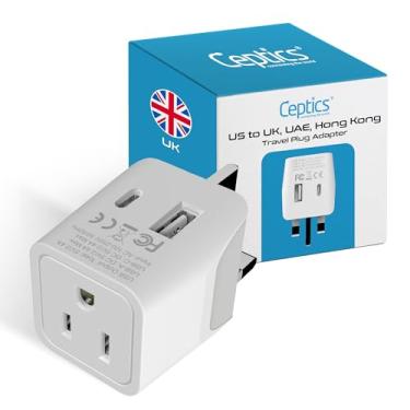 Imagem de Ceptics Plugue adaptador de viagem Londres, Hong Kong, Irlanda - com entrada USB dupla + EUA - Tipo G - Ultra compacto - aterrado seguro perfeito para telefones celulares, laptops, carregadores de