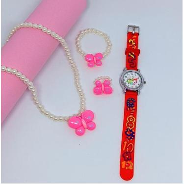 Imagem de Kit Relógio Infantil Analógico Redondo quartzo Silicone Desenho animad