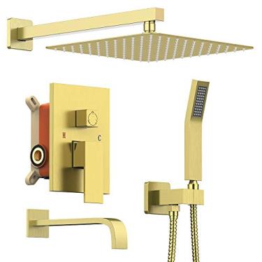 Imagem de Sistema de chuveiro Kojox de 30,48 cm com cabeça de chuveiro de alta pressão, cabeça de chuveiro portátil, kit de acabamento de torneira de banheira e 3 funções válvula de torneira de chuveiro banheiro luxuoso conjunto de chuveiro misturador de chuva ouro escovado