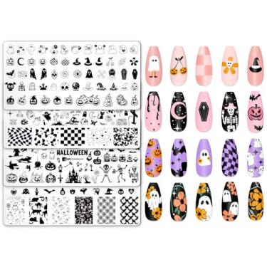 Imagem de Whaline Conjunto de 4 peças de placas de unhas de Halloween, modelos de carimbos de abóbora fantasma, placas de arte de unhas para impressão faça você mesmo, design de salão de manicure