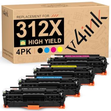 Imagem de Cartucho de toner remanufaturado V4INK para substituição para HP 312A CF380X CF381A CF382A CF383A, para uso com HP Color Laserjet Pro MFP M476dn, M476nw, Série de impressoras M476dw (KCMY, pacote com 4)