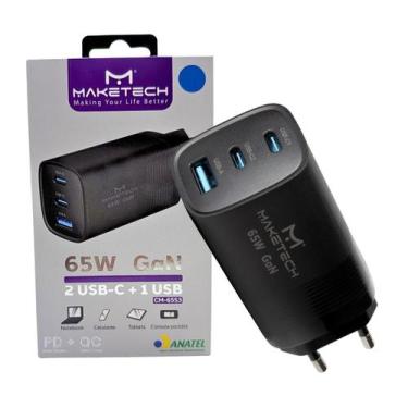 Imagem de Fonte Carregador De Celular Turbo 65w GaN 3 em 1 Entrada 2 Tipo C e 1 