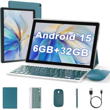 Imagem de Tablet Android 15 de 10 polegadas, 6 GB de RAM, 32 GB ROM, CPU quad-core potente, tela de resolução de 1280 x 800, câmera de 8 MP, bateria de 6000 mAh, tablets 2 em 1 com teclado, capa, mouse, laptop