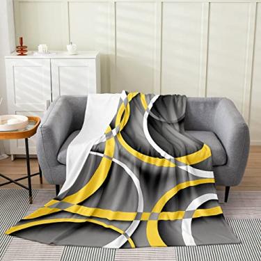 Imagem de Cobertor de cama preto amarelo cinza listras abstratas crianças meninas cobertor de flanela círculo geométrico macio aconchegante leve moderno retrô pelúcia cobertor geométrico presentes para