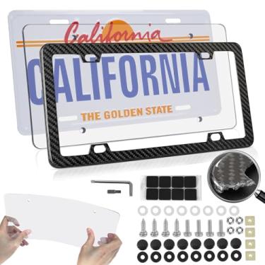 Imagem de Capa de moldura de placa de licença - Moldura de placa de licença de fibra de carbono 100% real com protetor de placa de licença transparente Suporte de placa de licença universal à prova d'água com