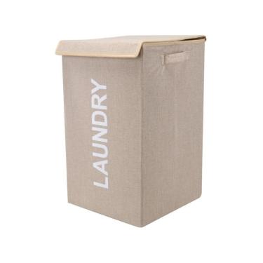 Imagem de Cesto Organizador Dobravel Lavanderia 60 Litros Roupa Suja Banheiro Quarto Tampa Multiuso Bege
